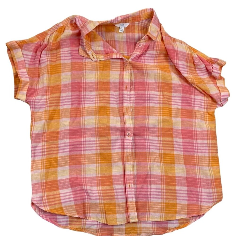 Time & Tru Women's Linen Blend Shirt L Plaid Button-Up Pink Orange Short Sleeve